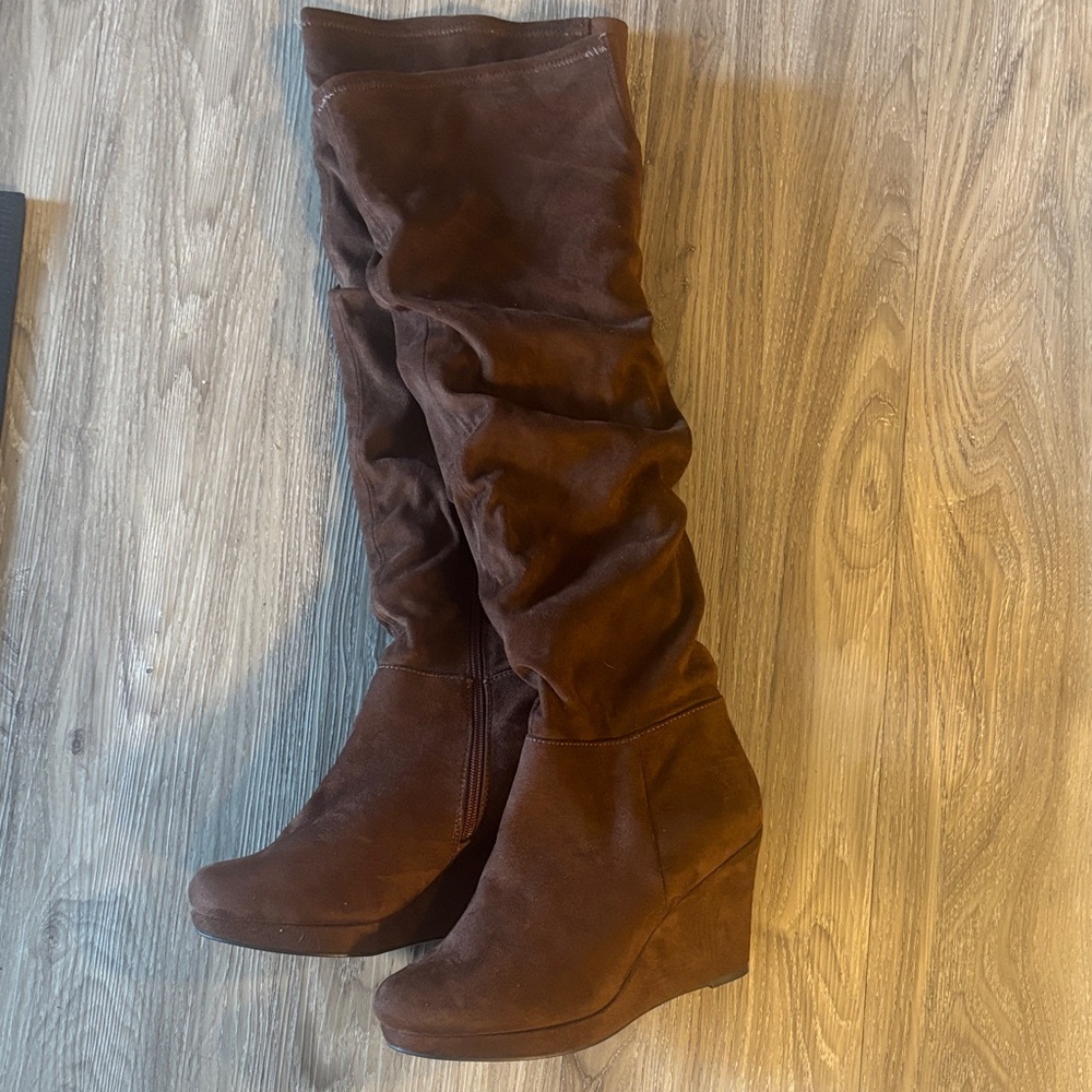 Women's Brown Suede Wedge Knee-High Boots